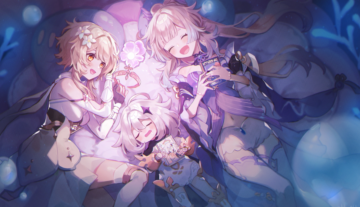 genshin_impact, kino_(m6t2a), lumine_(genshin_impact), paimon_(genshin_impact), sangonomiya_kokomi