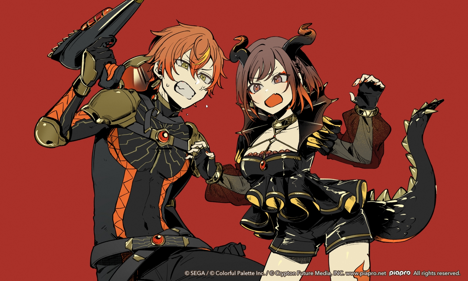 armor, gun, hassan_(sink916), horns, male, project_sekai, shinonome_akito, shinonome_ena, tail, weapon
