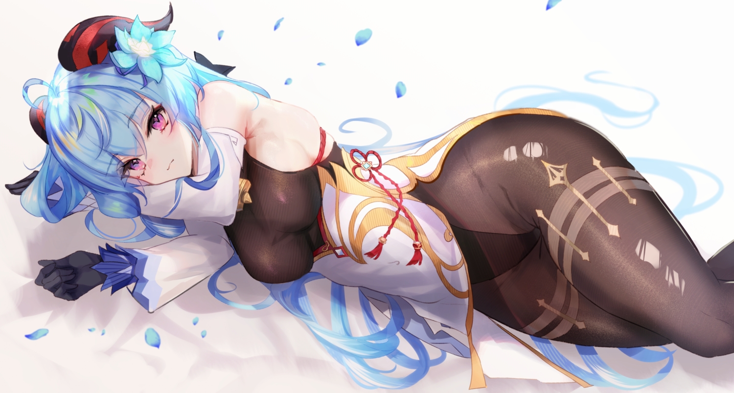 aqua_hair, blush, ganyu_(genshin_impact), genshin_impact, gloves, horns, leotard, long_hair