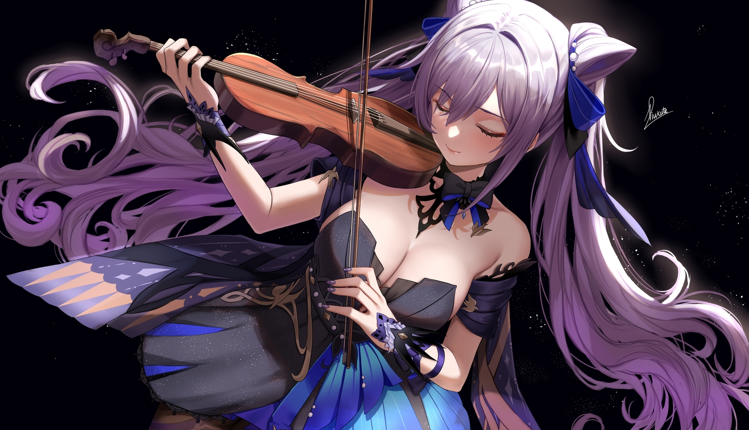 black, blush, bow, breasts, cleavage, dress, genshin_impact, instrument
