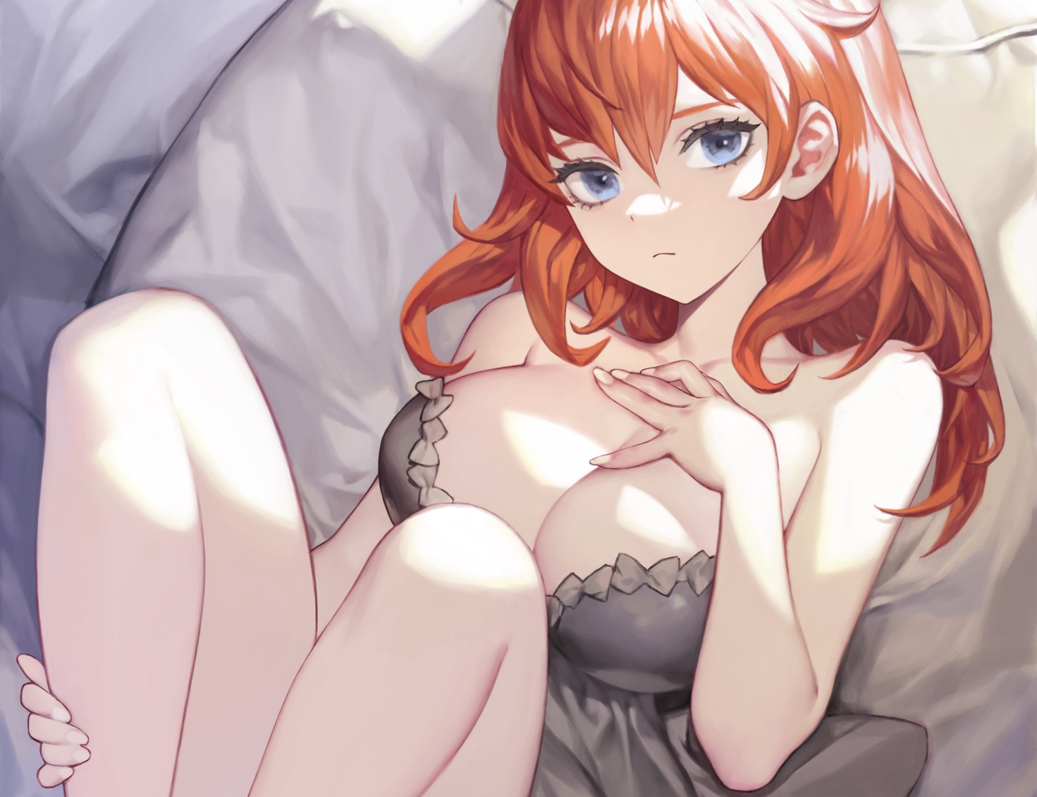 bed, blue_eyes, breast_hold, breasts, cleavage, cropped, dress, ki_min-woo, long_hair, original, red_hair