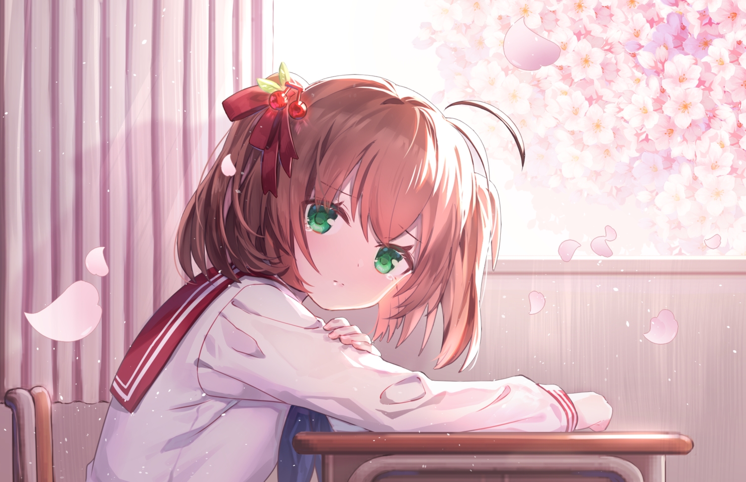 bow, brown_hair, cherry_blossoms, close, crying, flowers, green_eyes, jiang-ge