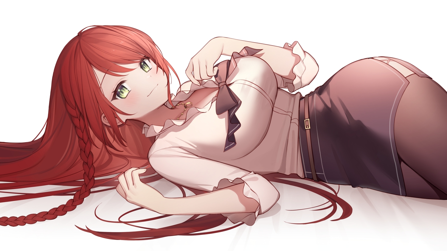 blush, bow, braids, breasts, cleavage, green_eyes, hino_akane_(vtuber), indie_virtual_youtuber, long_hair, necklace, red_hair, shirt, skirt, thighhighs, toma_(norishio), waifu2x