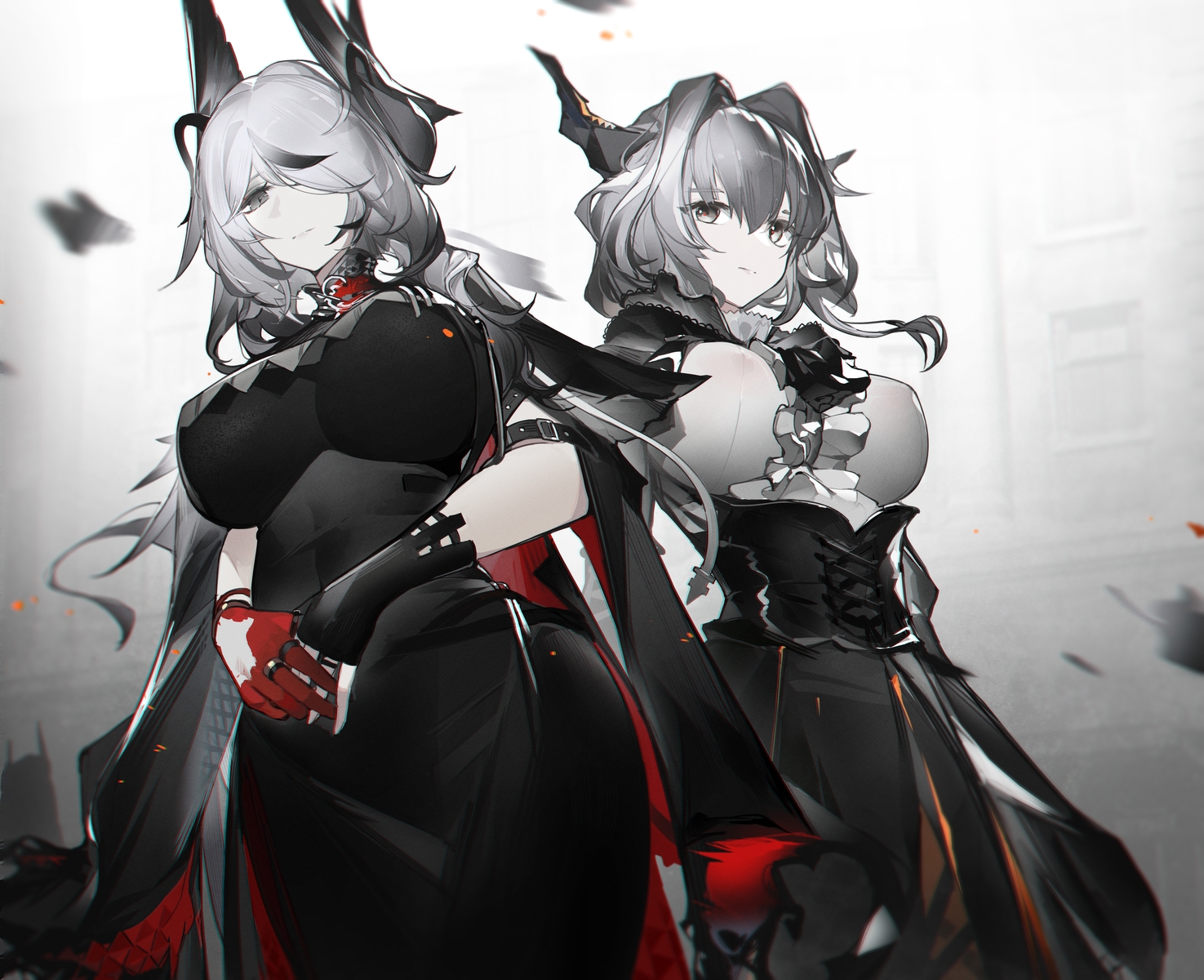 2girls, arknights, breasts, building, cape, corset, dress, gloves, gray_eyes, gray_hair, horns, koshelna_(arknights), long_hair, polychromatic, short_hair, skirt, talulah_(arknights), yushi_ketsalkoatl