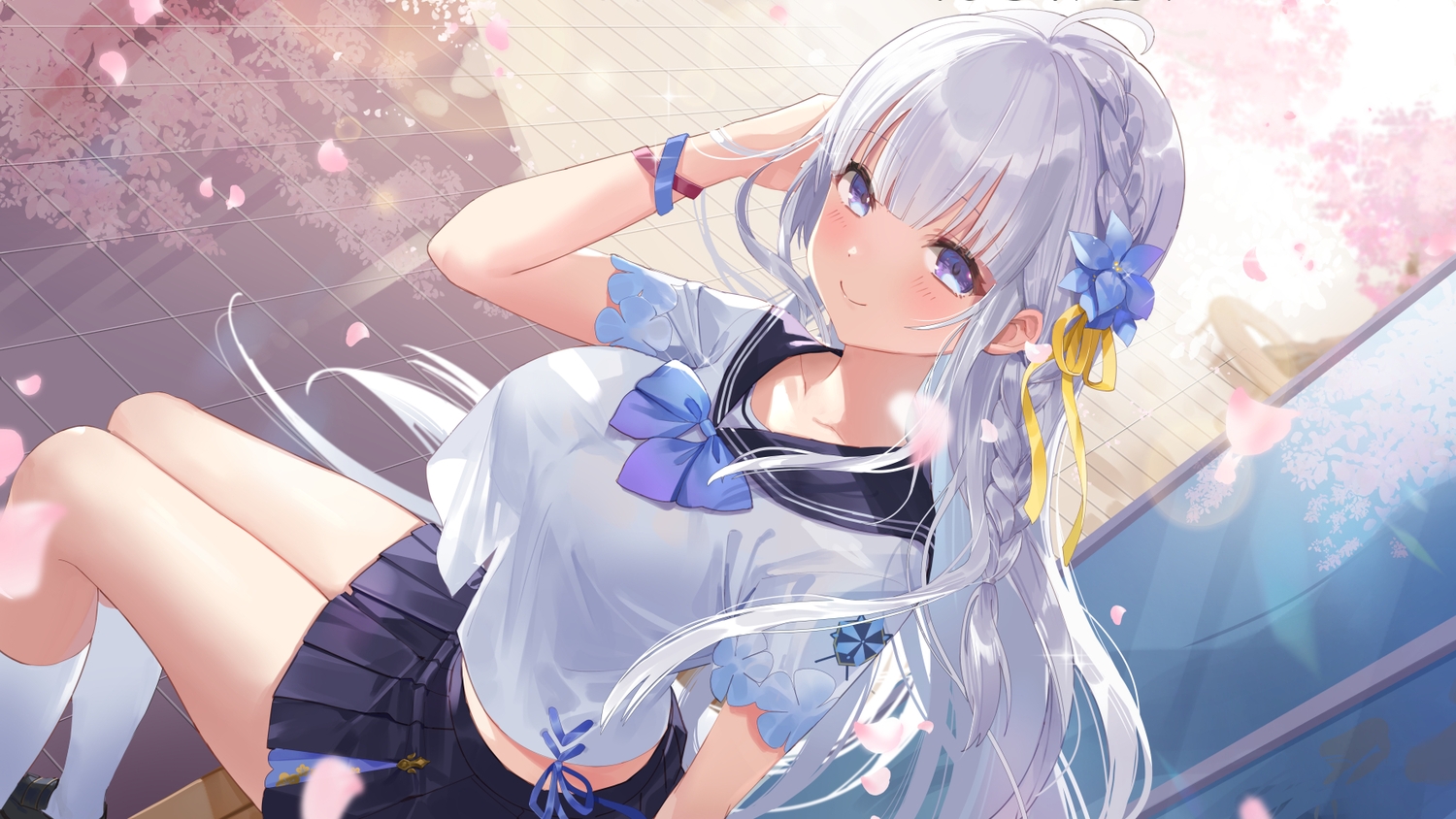 aliasing, braids, gray_hair, houchi_shoujo, kneehighs, long_hair, nima_(niru54), school_uniform