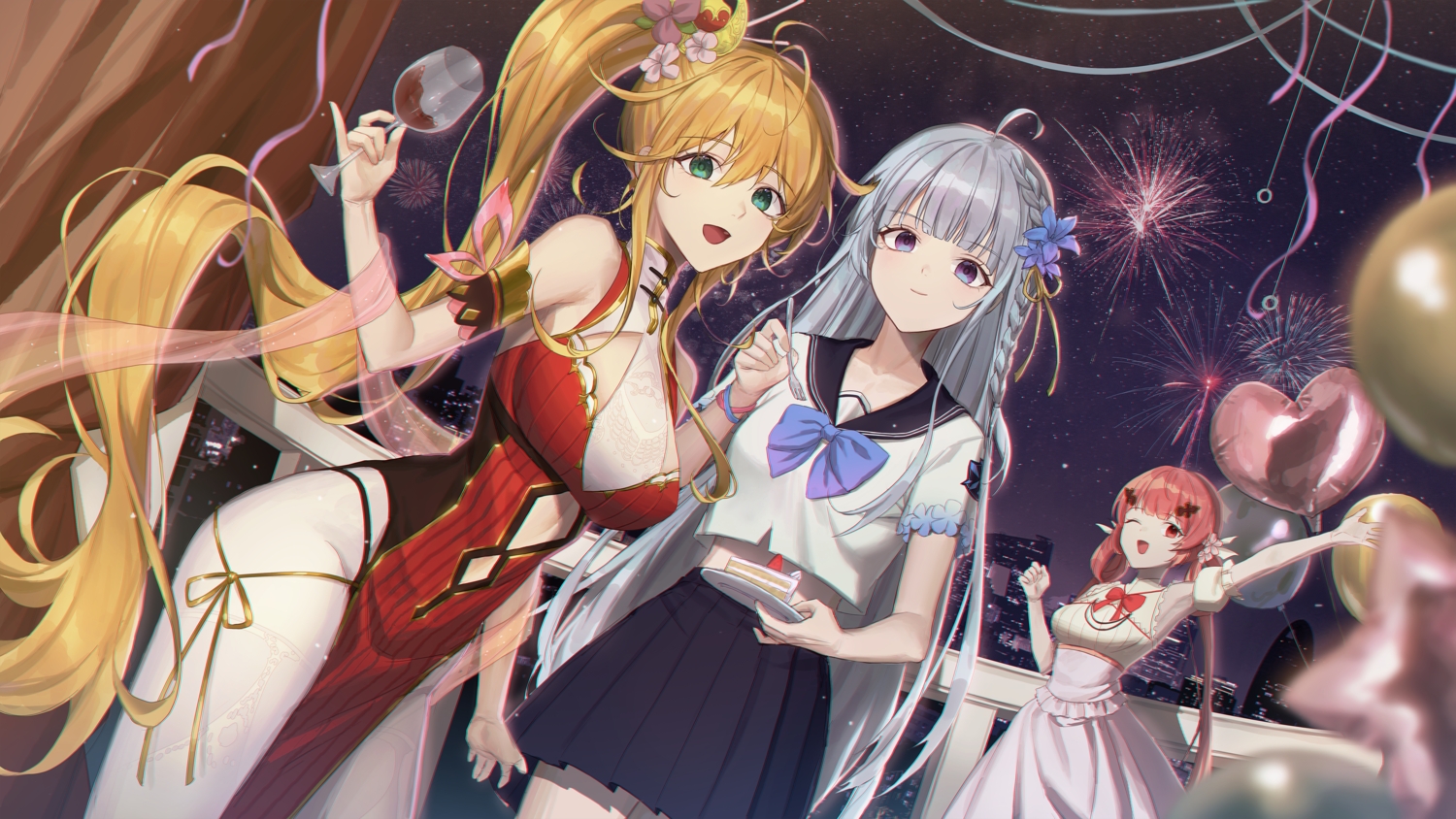 blonde_hair, building, cake, city, drink, fireworks, food, gray_hair, green_eyes, horns, houchi_shoujo, hyun9164, long_hair, ponytail, purple_eyes, red_eyes, red_hair, school_uniform, skirt, tagme_(character), twintails, wink