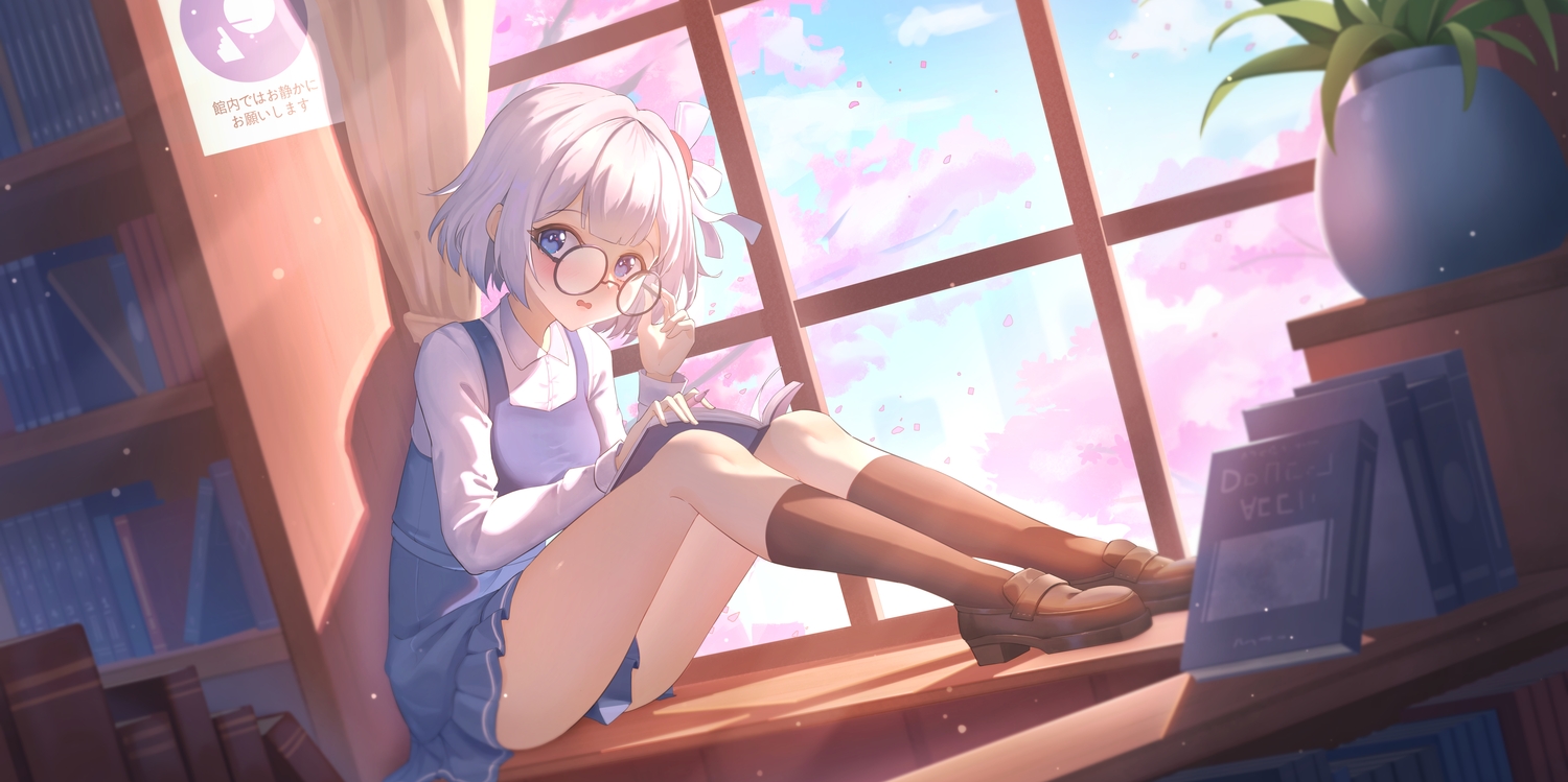 blue_eyes, book, clouds, dress, glasses, gray_hair, houchi_shoujo, kneehighs