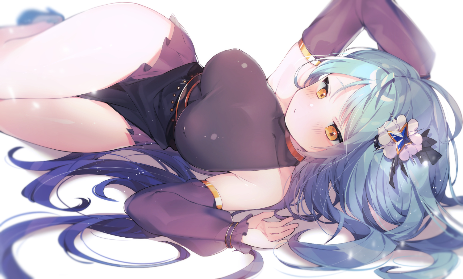 aqua_hair, biryu_soso, blush, dress, erect_nipples, long_hair, orange_eyes, original, sen_light
