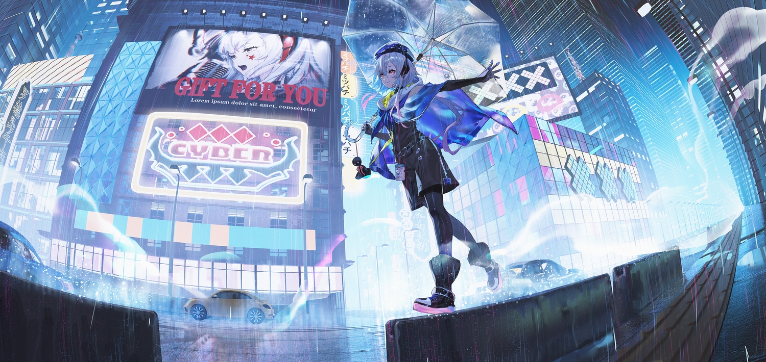 all_male, arknights, building, cape, car, city, male, mizuki_(arknights), night, otoko_no_ko, rain, ttk_(kirinottk), umbrella, water