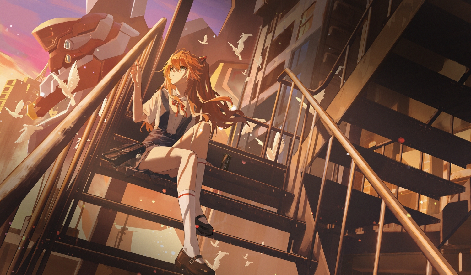 animal, bird, building, kneehighs, mecha, neon_genesis_evangelion, soryu_asuka_langley, stairs