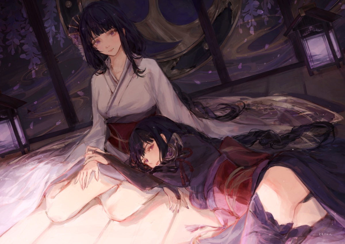 2girls, genshin_impact, keiuu, makoto_(genshin_impact), petals, purple_eyes, raiden_shogun, signed