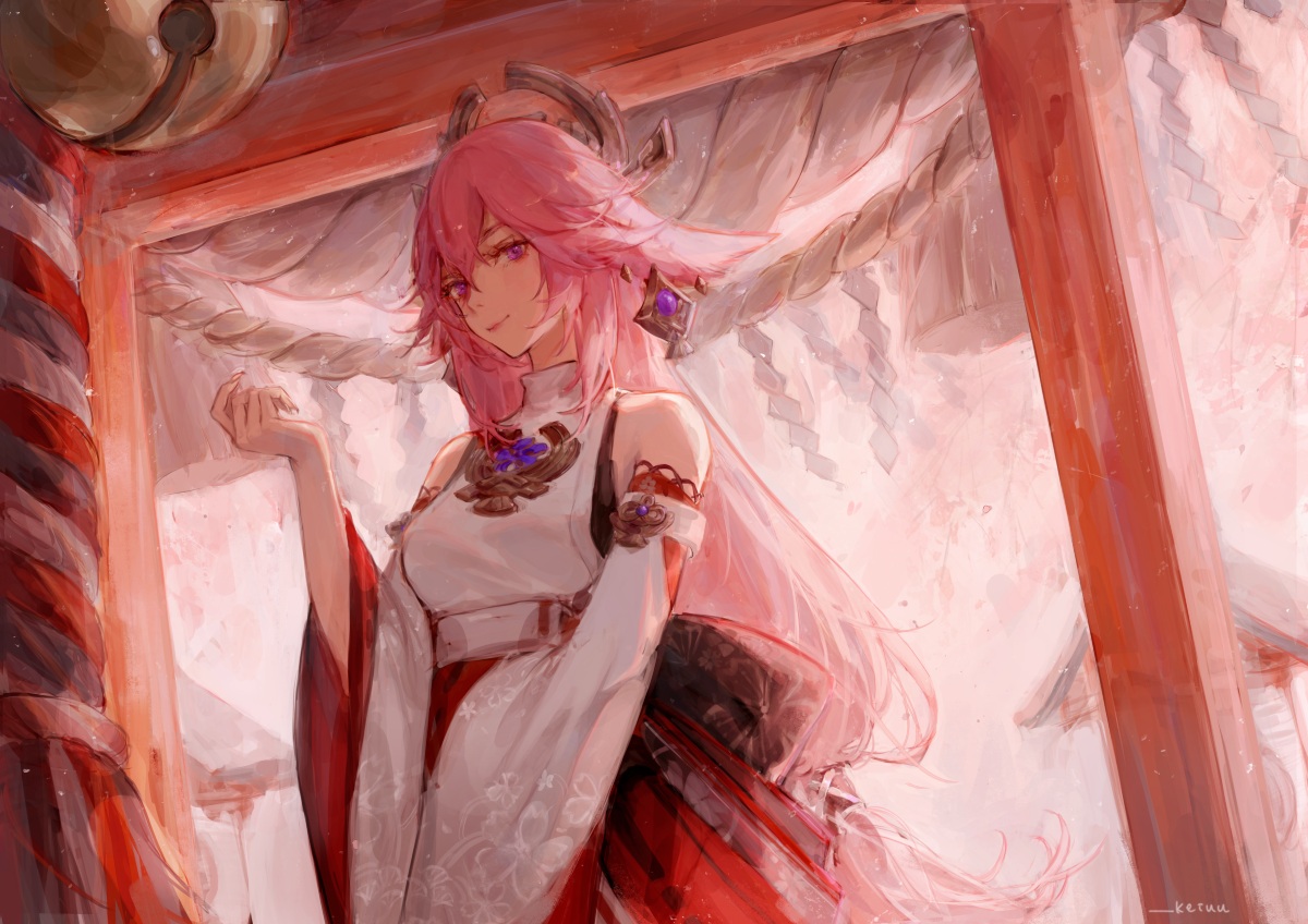 animal_ears, foxgirl, genshin_impact, japanese_clothes, keiuu, miko, signed, torii