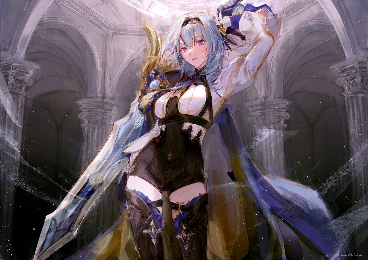cape, eula_lawrence, genshin_impact, keiuu, signed, sword, weapon, zettai_ryouiki