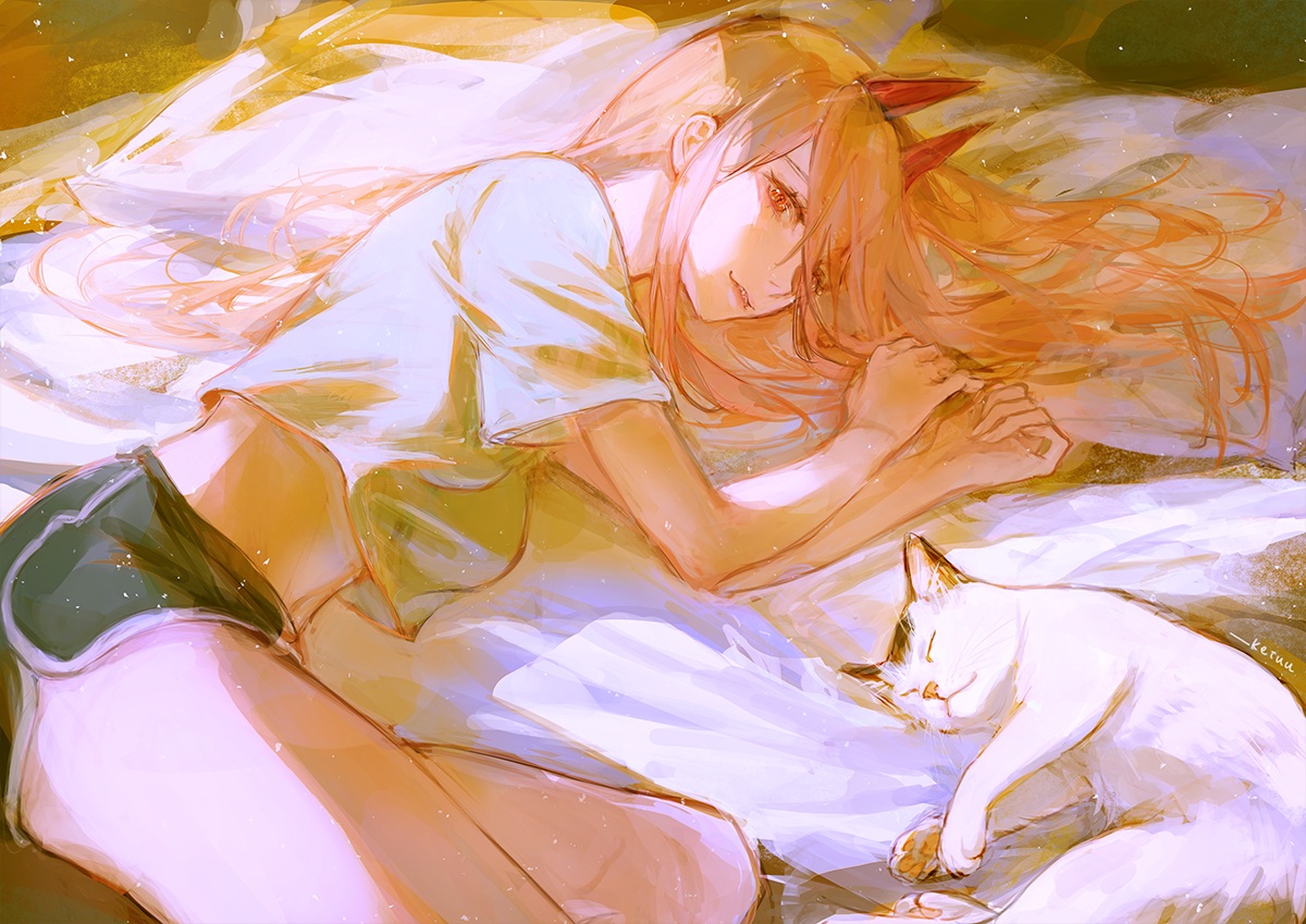 animal, cat, chainsaw_man, horns, keiuu, long_hair, polychromatic, power_(chainsaw_man)