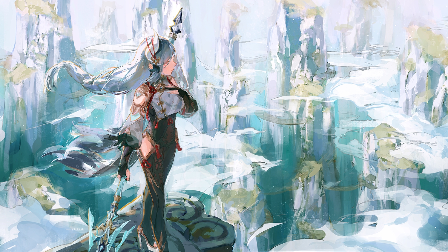bodysuit, braids, clouds, genshin_impact, keiuu, long_hair, shenhe_(genshin_impact), spear