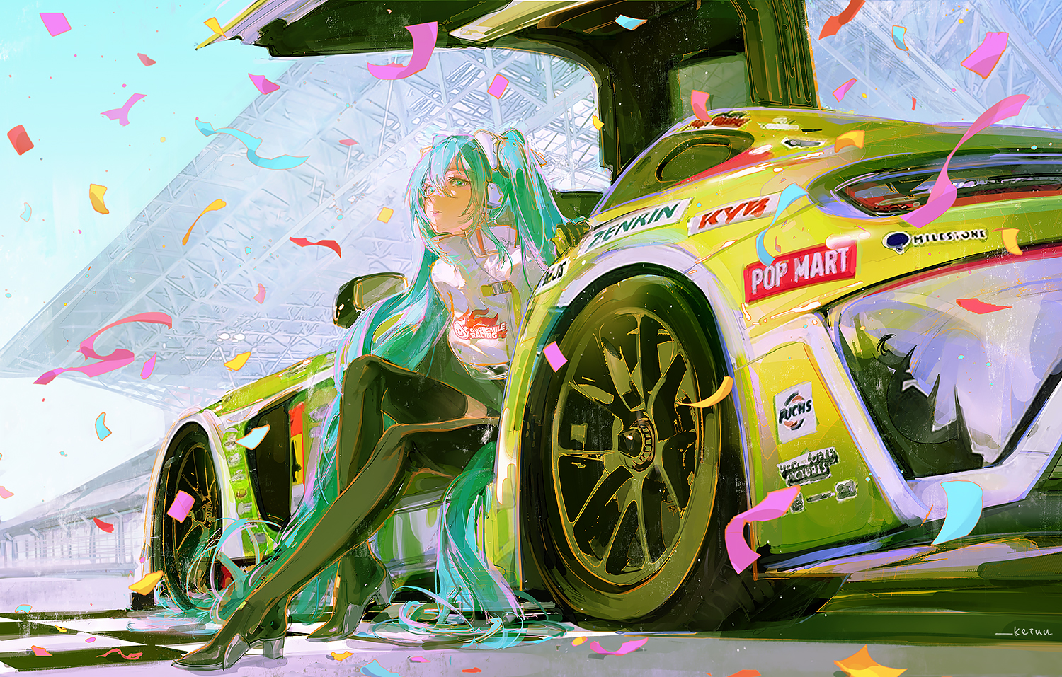 aqua_eyes, aqua_hair, car, gloves, hatsune_miku, headphones, keiuu, long_hair, signed, thighhighs, twintails, vocaloid