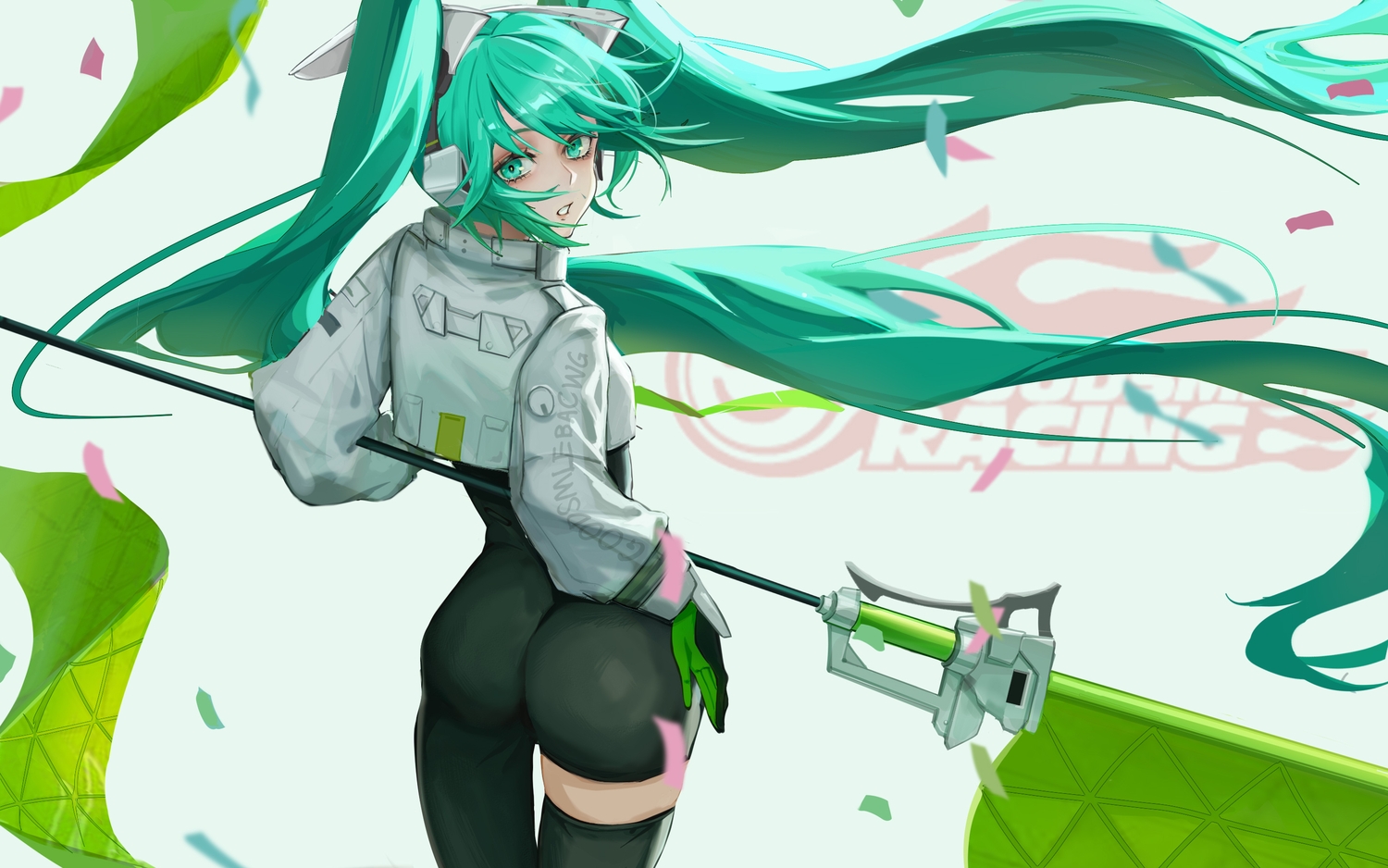 aquarzaaa, ass, bodysuit, gloves, green_eyes, green_hair, hatsune_miku, headphones, long_hair, thighhighs, twintails, vocaloid