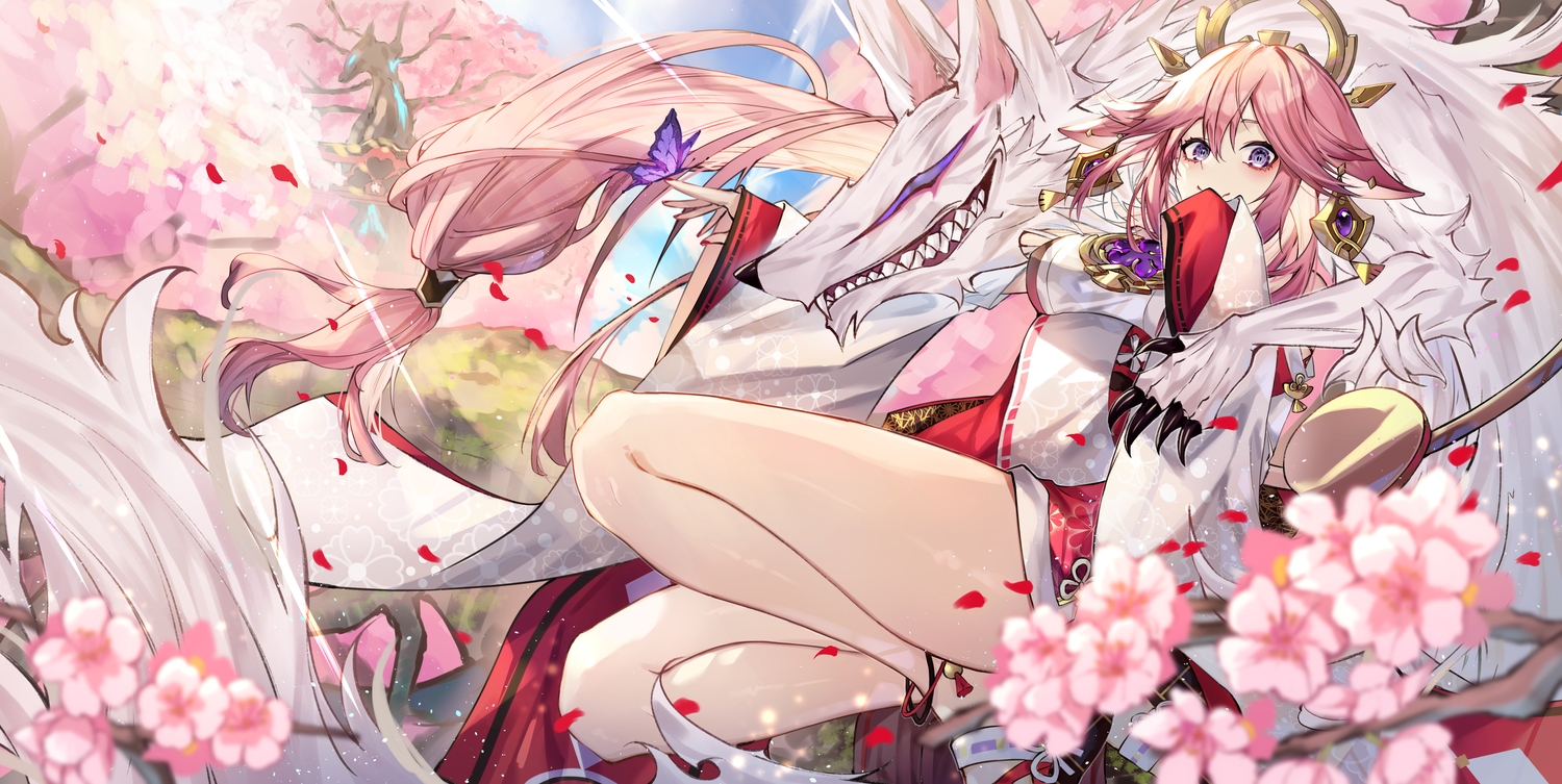 animal, animal_ears, butterfly, cherry_blossoms, clouds, flowers, fox, foxgirl