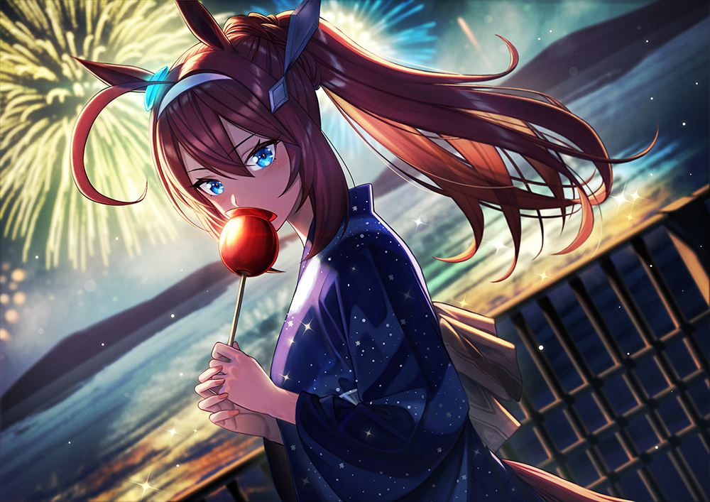 animal_ears, anthropomorphism, apple, aqua_eyes, brown_hair, candy, fireworks, food