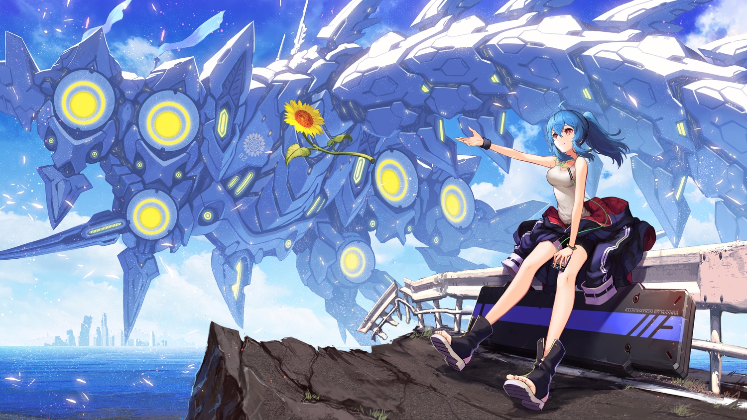 blue_hair, dragon, flowers, nakamura_eight, original, ponytail, red_eyes, shorts