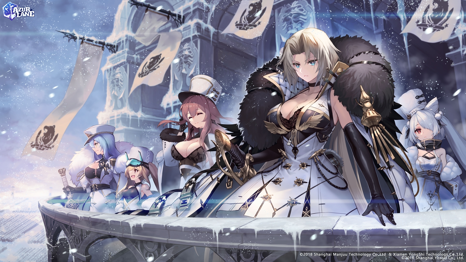 anthropomorphism, arkhangelsk_(azur_lane), azur_lane, breasts, cleavage, group, kiev_(azur_lane), kronstadt_(azur_lane), logo, nakamura_eight, snow, soobrazitelny_(azur_lane), volga_(azur_lane)