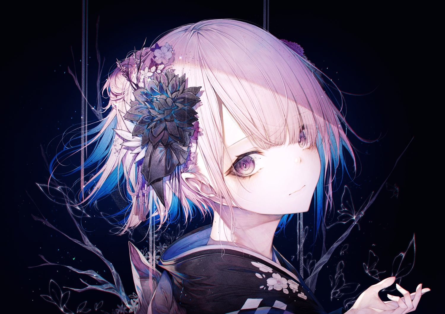 close, flowers, hito_komoru, japanese_clothes, kimono, original, pink_hair, polychromatic, purple_eyes, short_hair