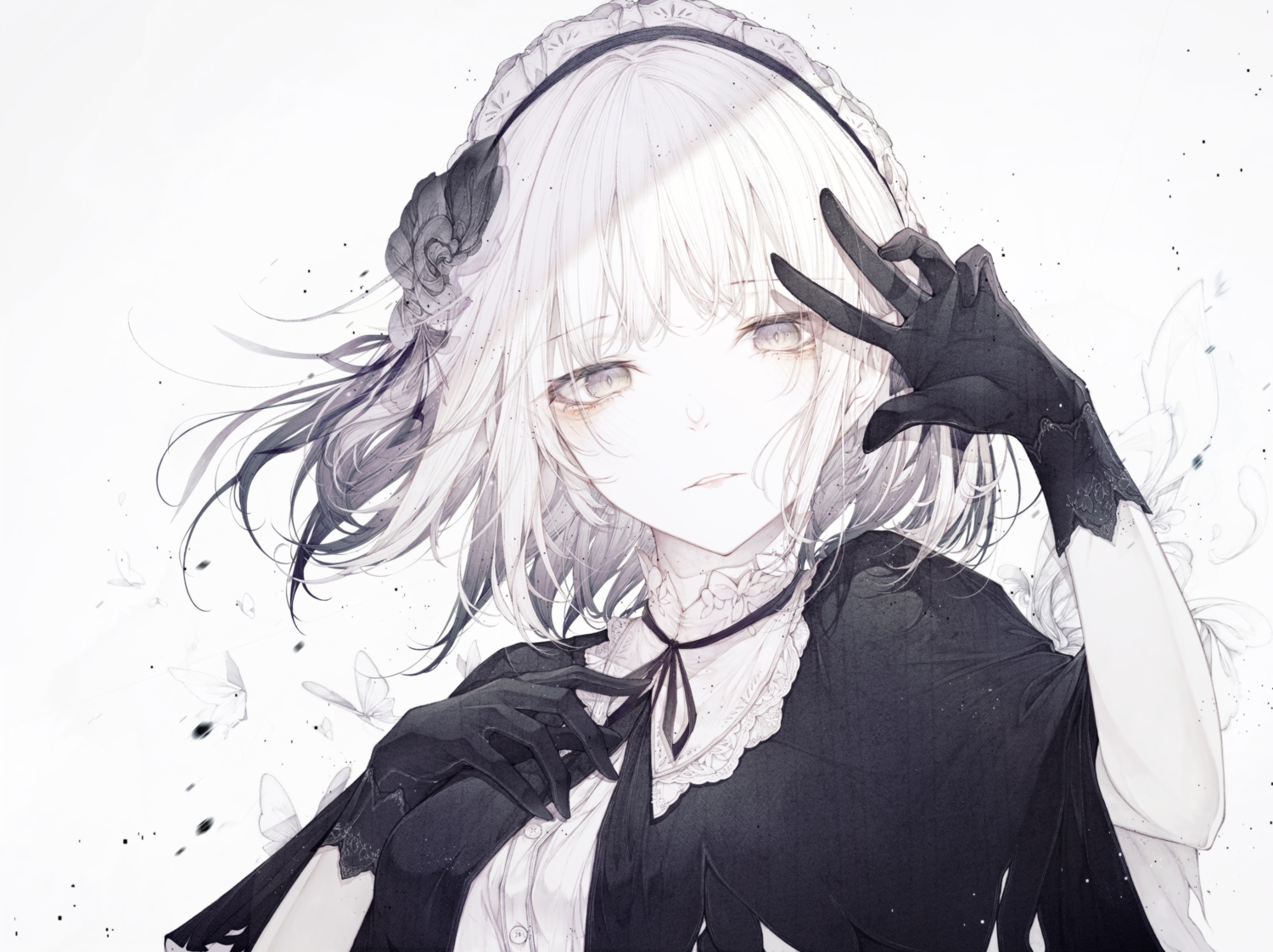 butterfly, close, gloves, goth-loli, gray_eyes, gray_hair, headdress, hito_komoru