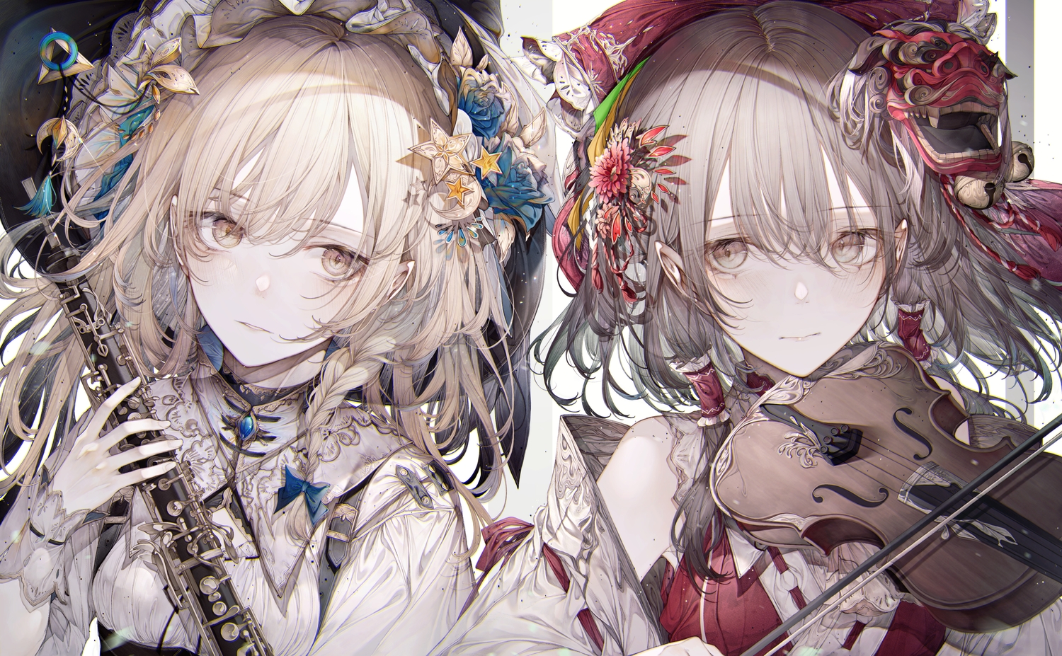 2girls, brown_eyes, brown_hair, close, flowers, hakurei_reimu, hito_komoru, instrument