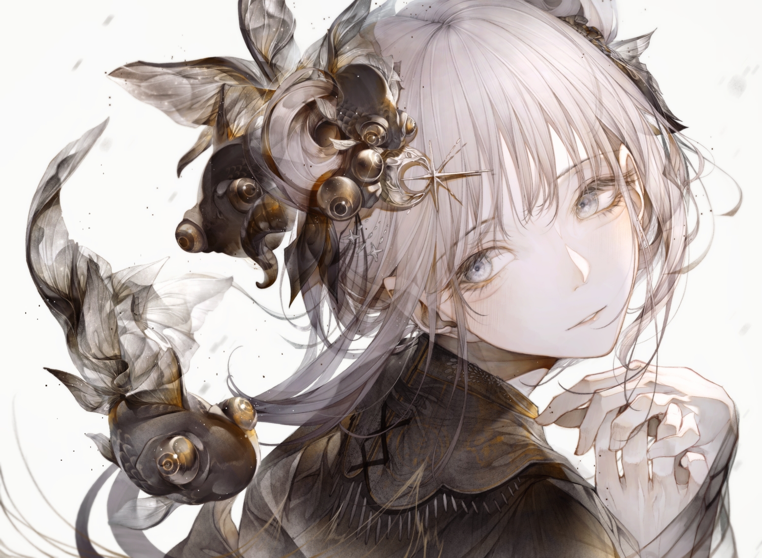 animal, close, fish, gray_eyes, gray_hair, hito_komoru, long_hair, original
