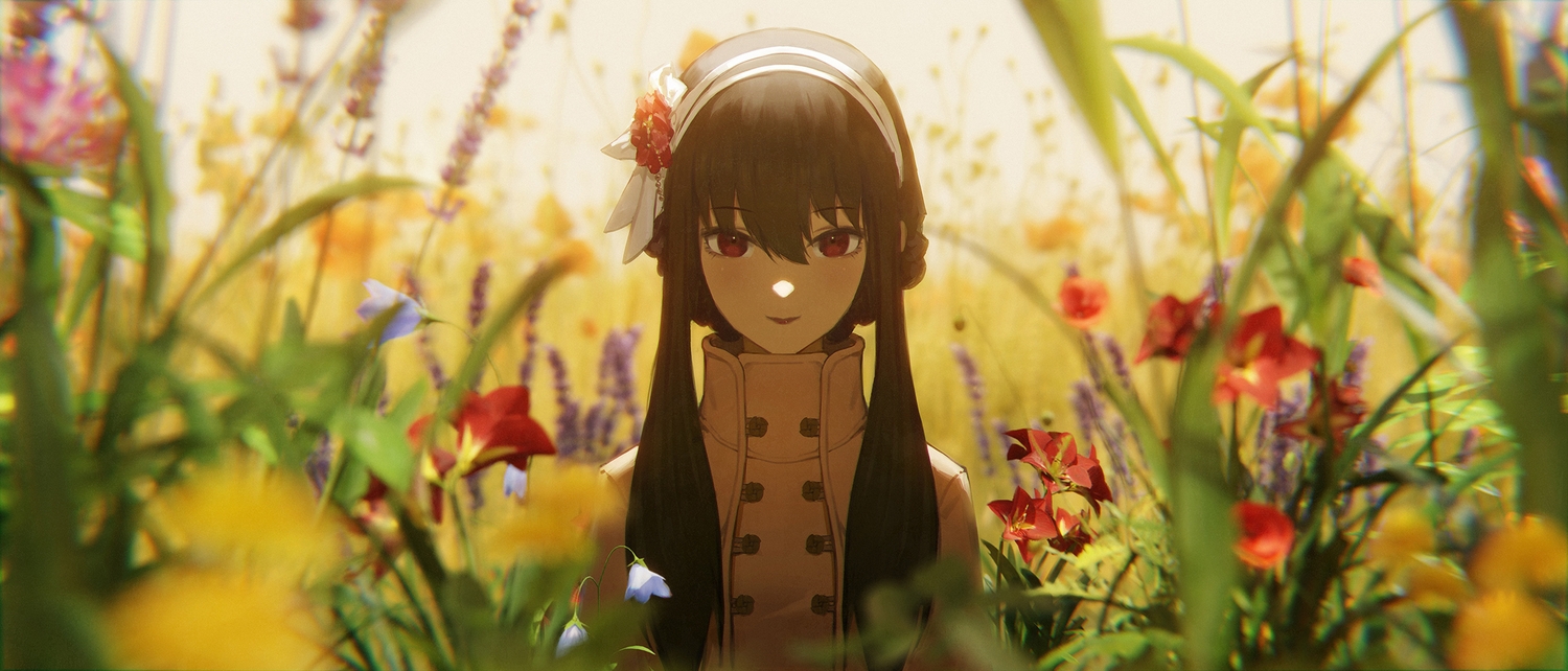 black_hair, flowers, headband, long_hair, red_eyes, spy_x_family, wang-xi, yor_briar