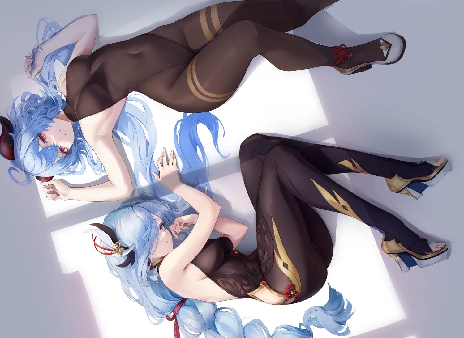 2girls, ass, blue_hair, bodysuit, braids, ganyu_(genshin_impact), genshin_impact, gray_hair, horns, leviathan_(hikinito0902), long_hair, ponytail, purple_eyes, shenhe_(genshin_impact)