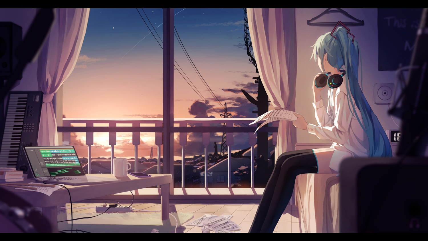 book, computer, hatsune_miku, headphones, instrument, paper, phone, piano