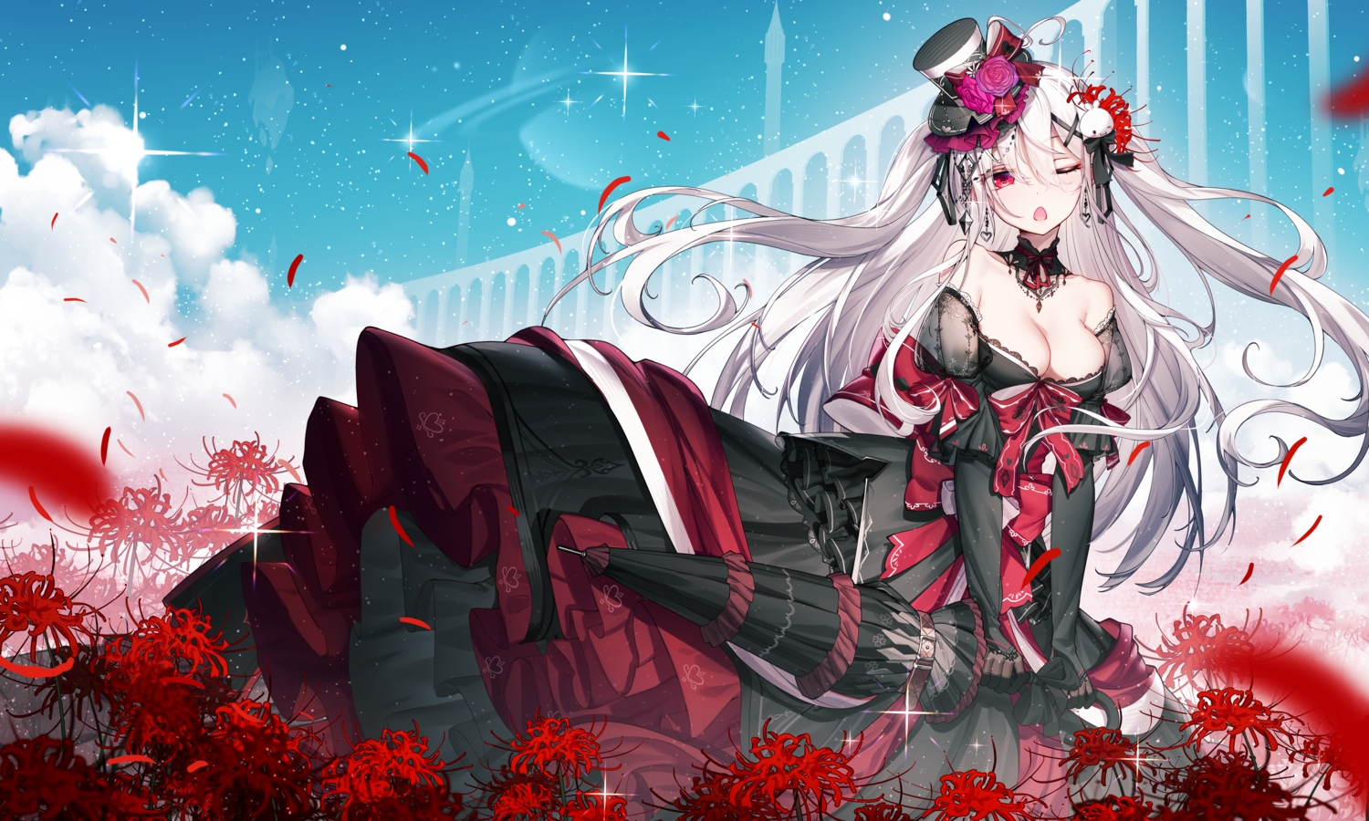 breasts, cleavage, dress, flowers, gloves, goth-loli, hat, lolita_fashion
