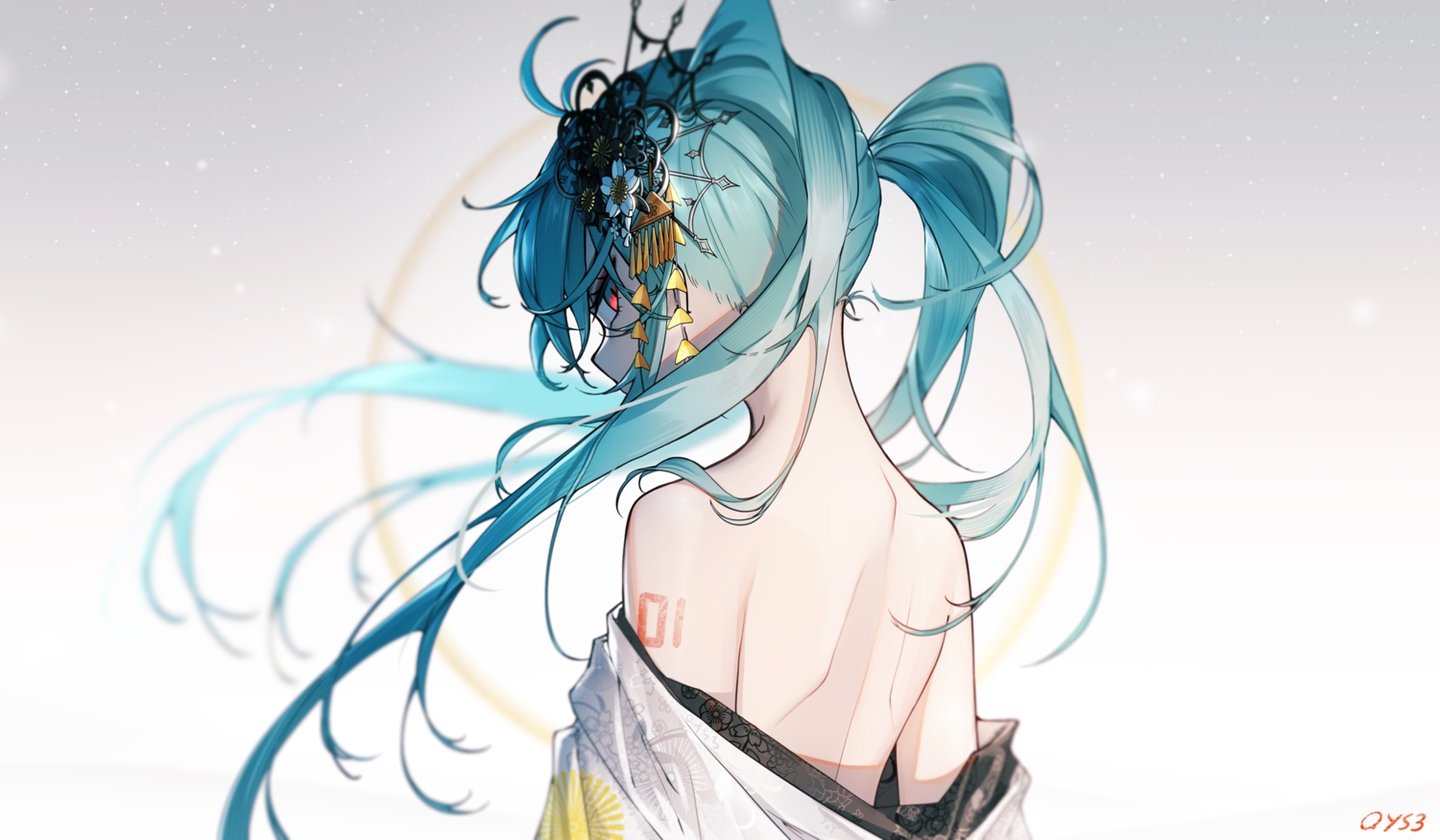 aqua_hair, gradient, hatsune_miku, japanese_clothes, no_bra, qys3, red_eyes, signed