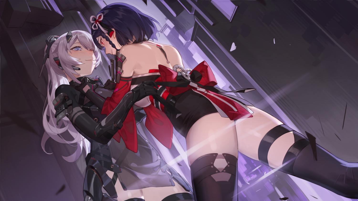 2girls, aether_gazer, buzenbo_(aether_gazer), dress, gray_hair, kotachi_(aether_gazer), long_hair, ninja, ponytail, red_cucumber, red_eyes, thighhighs