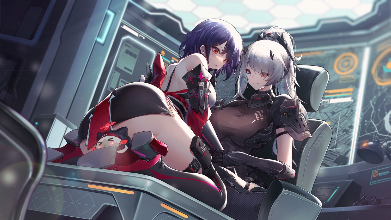 2girls, aether_gazer, bicolored_eyes, blue_eyes, blue_hair, brown_eyes, buzenbo_(aether_gazer), gray_hair, jiusan_naitan, kotachi_(aether_gazer), long_hair, ninja, ponytail, red_eyes, shoujo_ai, skirt, thighhighs