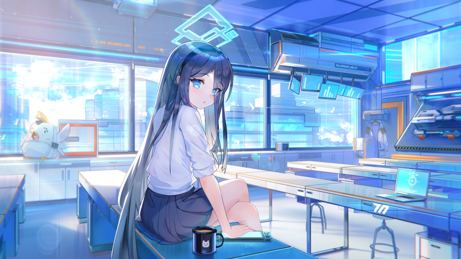 blue_archive, blue_eyes, computer, drink, halo, janyhero, long_hair, shirt
