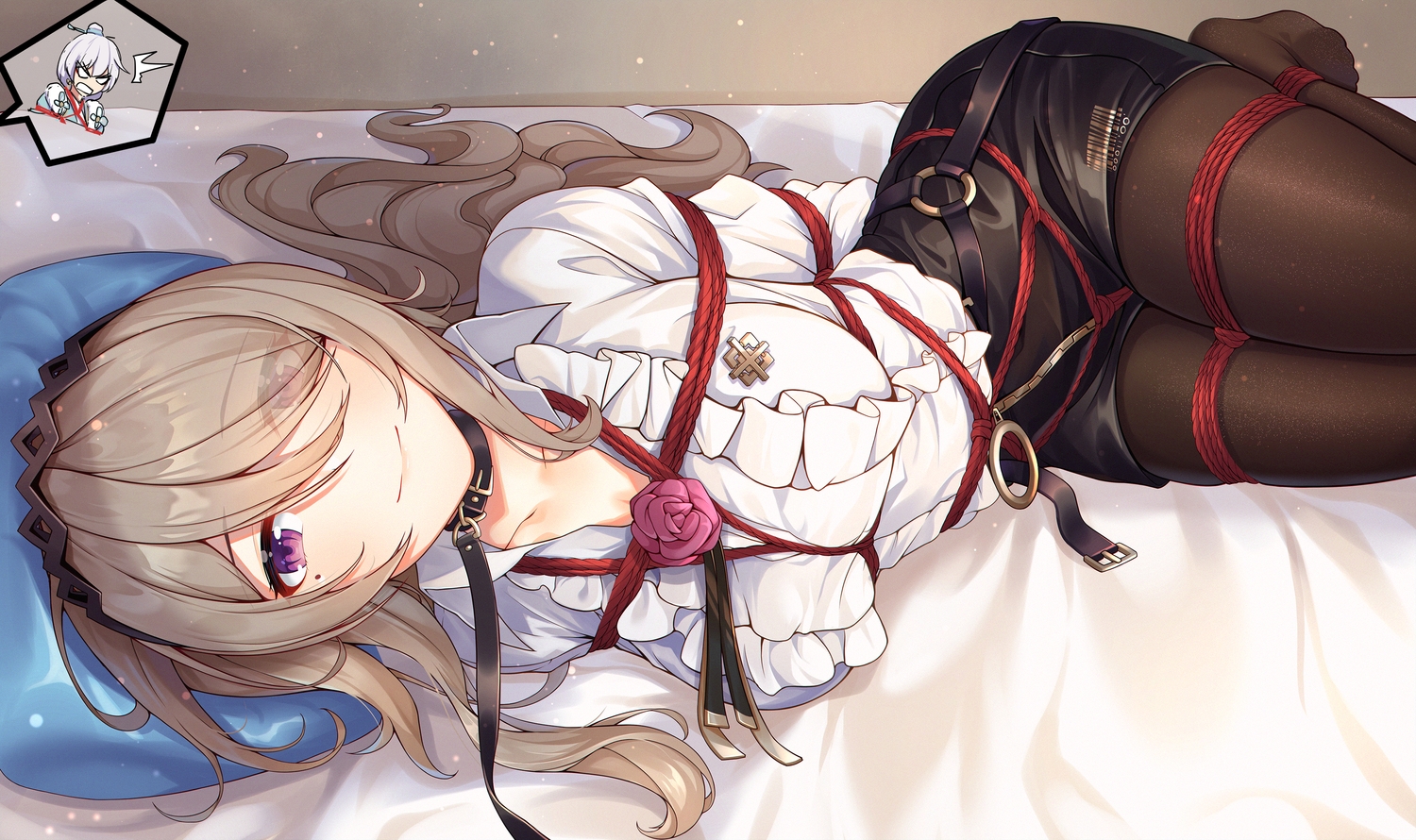 bed, bondage, brown_hair, collar, headband, honkai_impact, honkai_(series), long_hair, pantyhose, purple_eyes, rita_rossweisse, rope, shirt, skirt, yiduan_zhu