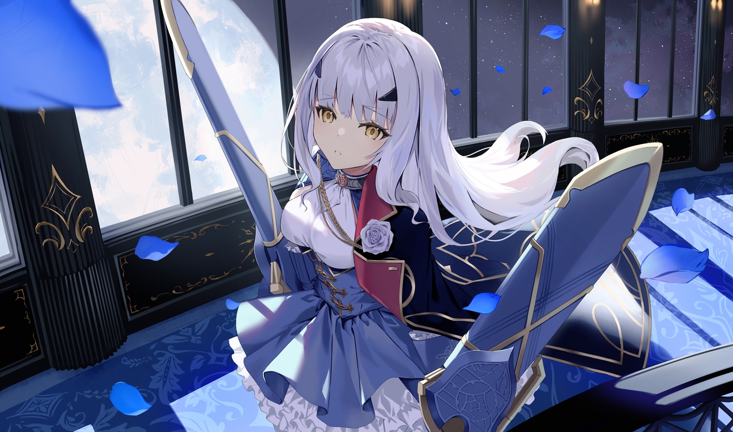 brown_eyes, dress, fairy_knight_lancelot, fate/grand_order, fate_(series), gray_hair, long_hair, melusine_(fate), mocha_(mokaapolka), petals