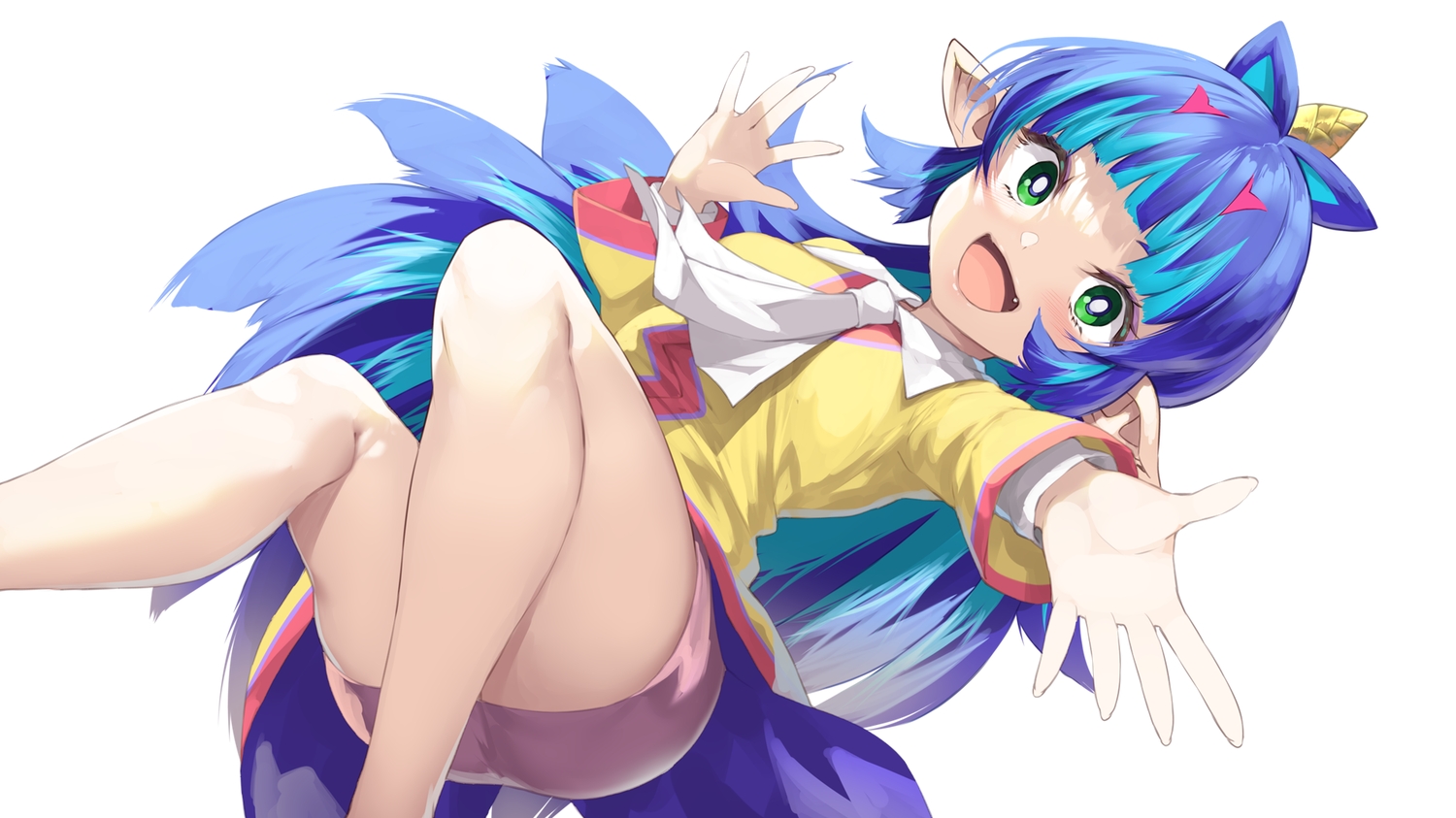 blue_hair, blush, fang, green_eyes, long_hair, momotarou_densetsu, pointed_ears, skirt, tie, white, yappen, yashahime_(momotarou_densetsu)