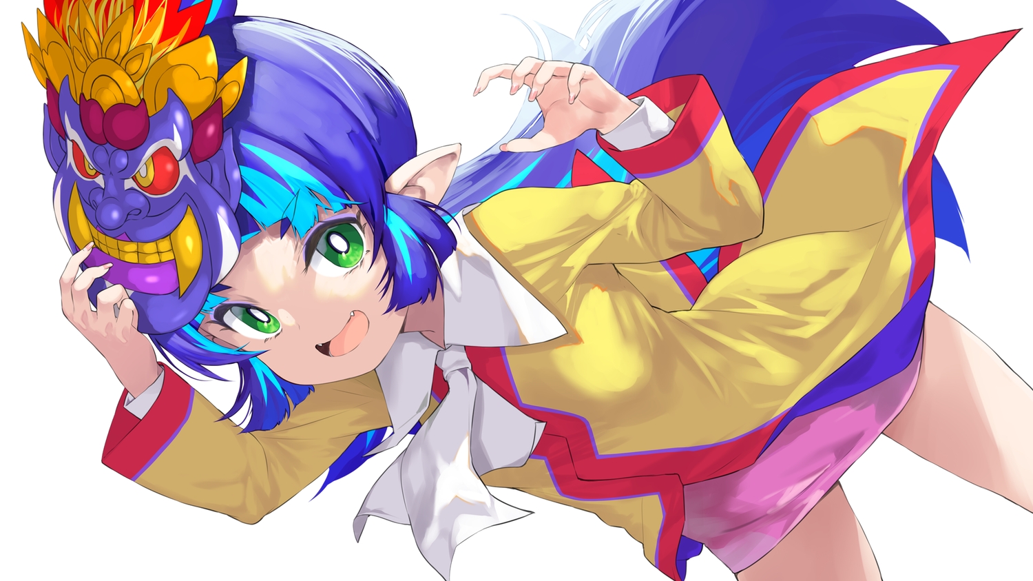 blue_hair, close, fang, green_eyes, long_hair, mask, momotarou_densetsu, pointed_ears