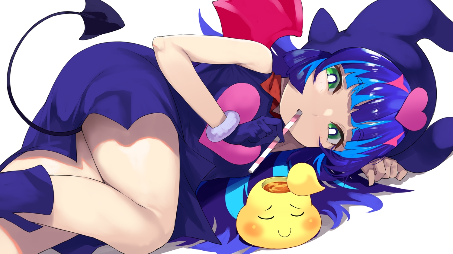 blue_hair, blush, dress, drink, gloves, green_eyes, hat, horns, long_hair, momotarou_densetsu, tail, wings, yappen, yashahime_(momotarou_densetsu)
