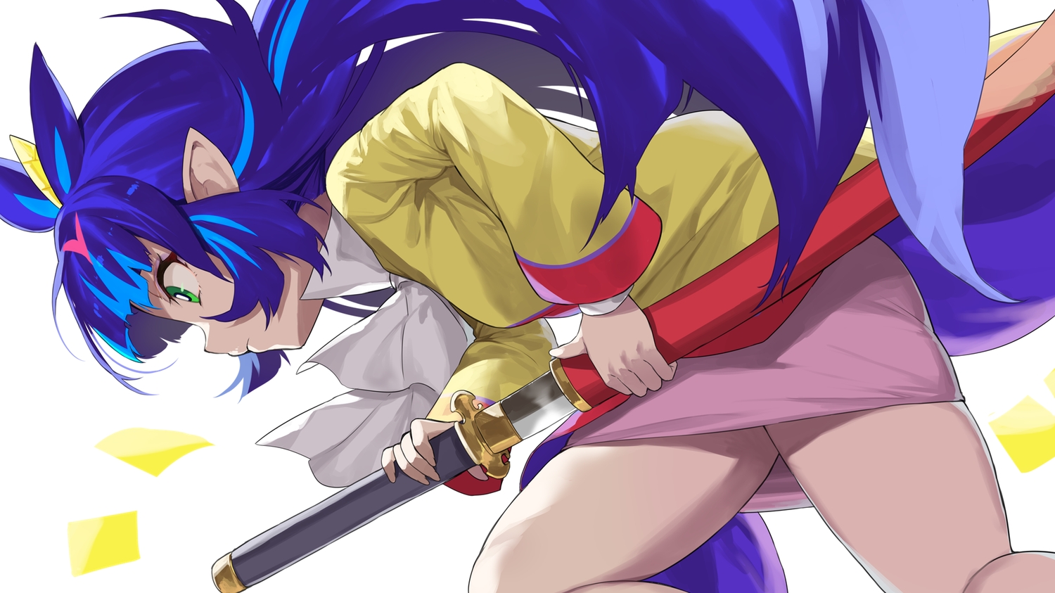 blue_hair, close, green_eyes, katana, long_hair, momotarou_densetsu, pointed_ears, skirt