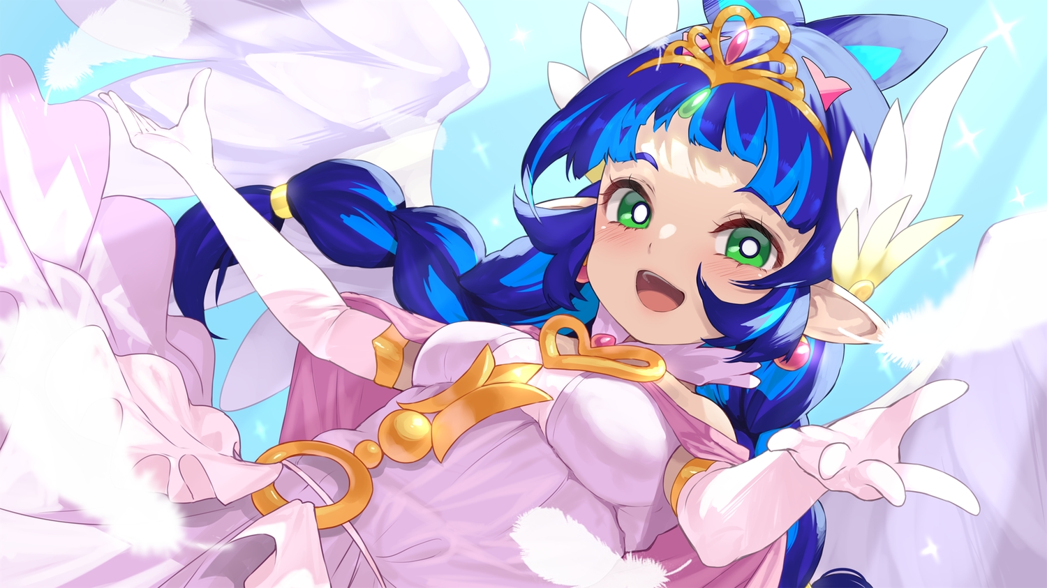 blue_hair, blush, braids, cape, close, dress, elbow_gloves, feathers