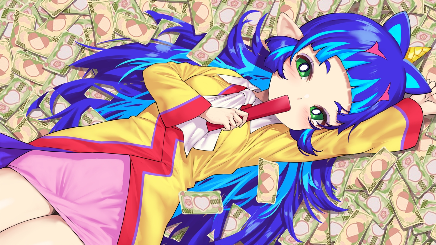 blue_hair, blush, fan, green_eyes, long_hair, momotarou_densetsu, pointed_ears, skirt