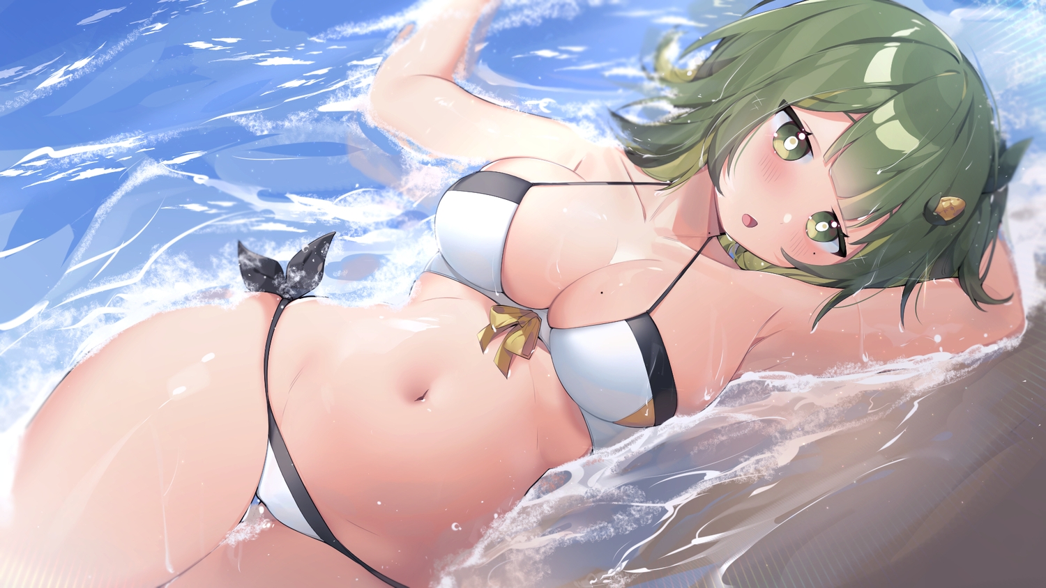 bikini, blush, breasts, cleavage, green_eyes, green_hair, navel, sen_light