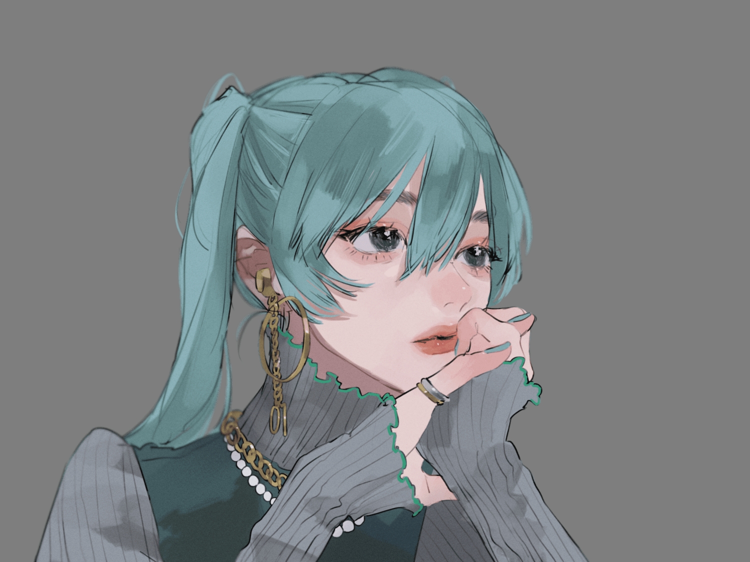 aqua_hair, black_eyes, close, hatsune_miku, necklace, tami_moon, transparent, twintails, vocaloid