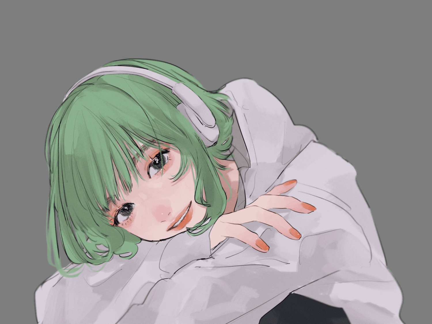 black_eyes, close, green_hair, gumi, headphones, hood, short_hair, tami_moon, transparent, vocaloid