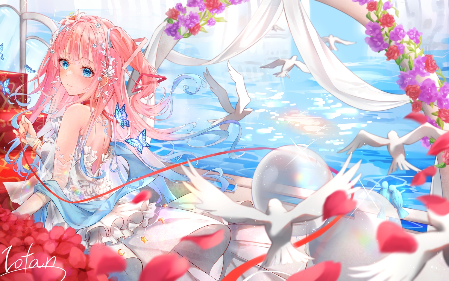 aliasing, animal, aqua_eyes, bird, dress, flowers, iotan, long_hair