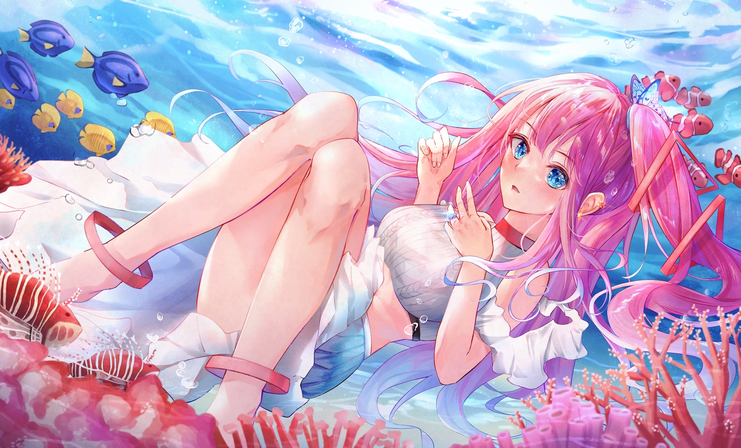 animal, aqua_eyes, fish, iotan, long_hair, propro_production, purple_hair, skirt